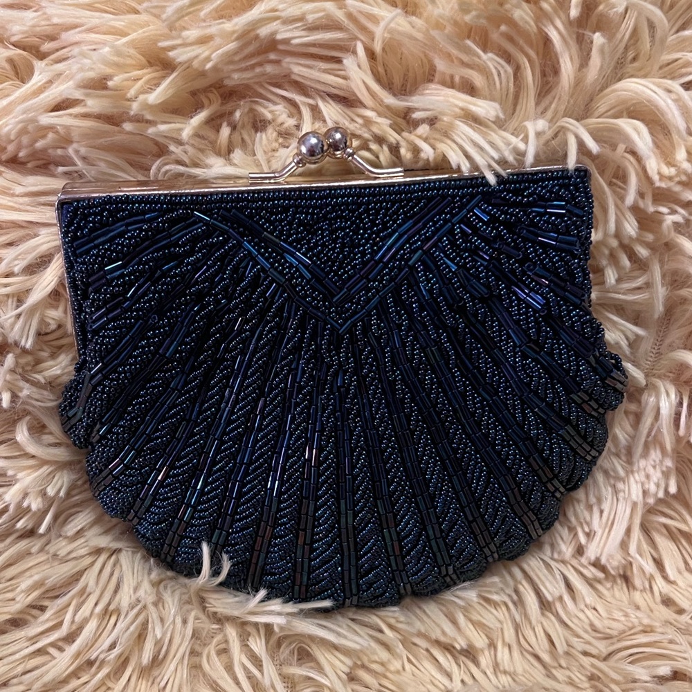 Vintage Navy Beaded Seashell Clutch